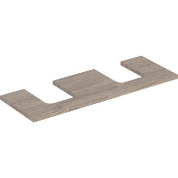 Blat pod umywalkę one z wycięciem, do umywalki nablatowej w kształcie misy: b=133.8cm, orzech włoski hickory, melamina, struktura drewna, przekrój=lewa i prawa strona