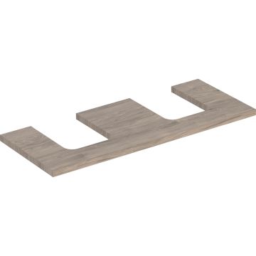 Blat pod umywalkę one z wycięciem, do umywalki nablatowej w kształcie misy: b=119cm, orzech włoski hickory, melamina, struktura drewna, przekrój=lewa i prawa strona