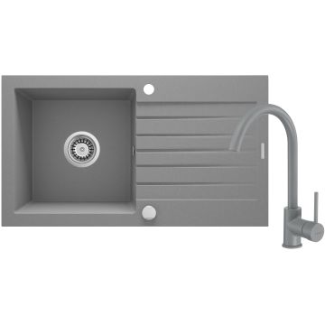 Zlew zorba szary metalik granit 1k z/o 760x440x160, 3,5" + osprzęt space-saver + bateria milin szara "u"