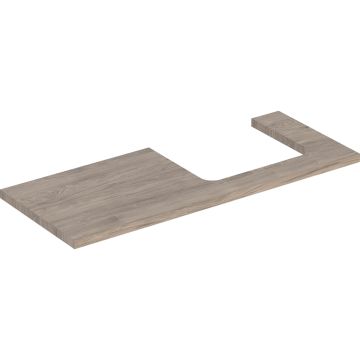 Blat pod umywalkę one z wycięciem, do prostokątnej umywalki nablatowej: b=119cm, orzech włoski hickory, przekrój=prawa strona, melamina, struktura drewna