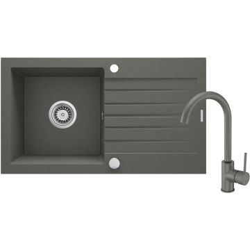 Zlew zorba antracyt granit 1k z/o 760x440x160, 3,5" + osprzęt space-saver + bateria nemezja z wylewką "u"