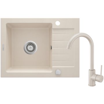 Zlew zorba beż granit 1k z/ko 580x440x164, 3,5" + osprzęt space-saver + bateria nemezja z wylewką "u"