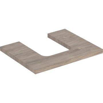 Blat pod umywalkę one z wycięciem, do umywalki nablatowej w kształcie misy: b=59.8cm, orzech włoski hickory, melamina, struktura drewna, przekrój=na środku