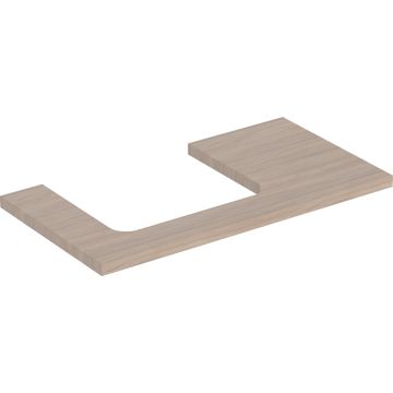 Blat pod umywalkę one z wycięciem, do prostokątnej umywalki nablatowej: b=89.4cm, dąb, przekrój=lewa strona, melamina, struktura drewna