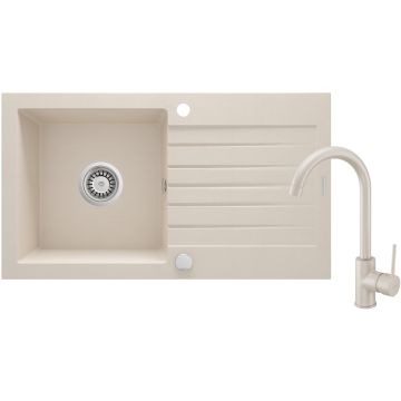 Zlew zorba beż granit 1k z/o 760x440x160, 3,5" + osprzęt space-saver + bateria nemezja z wylewką "u"